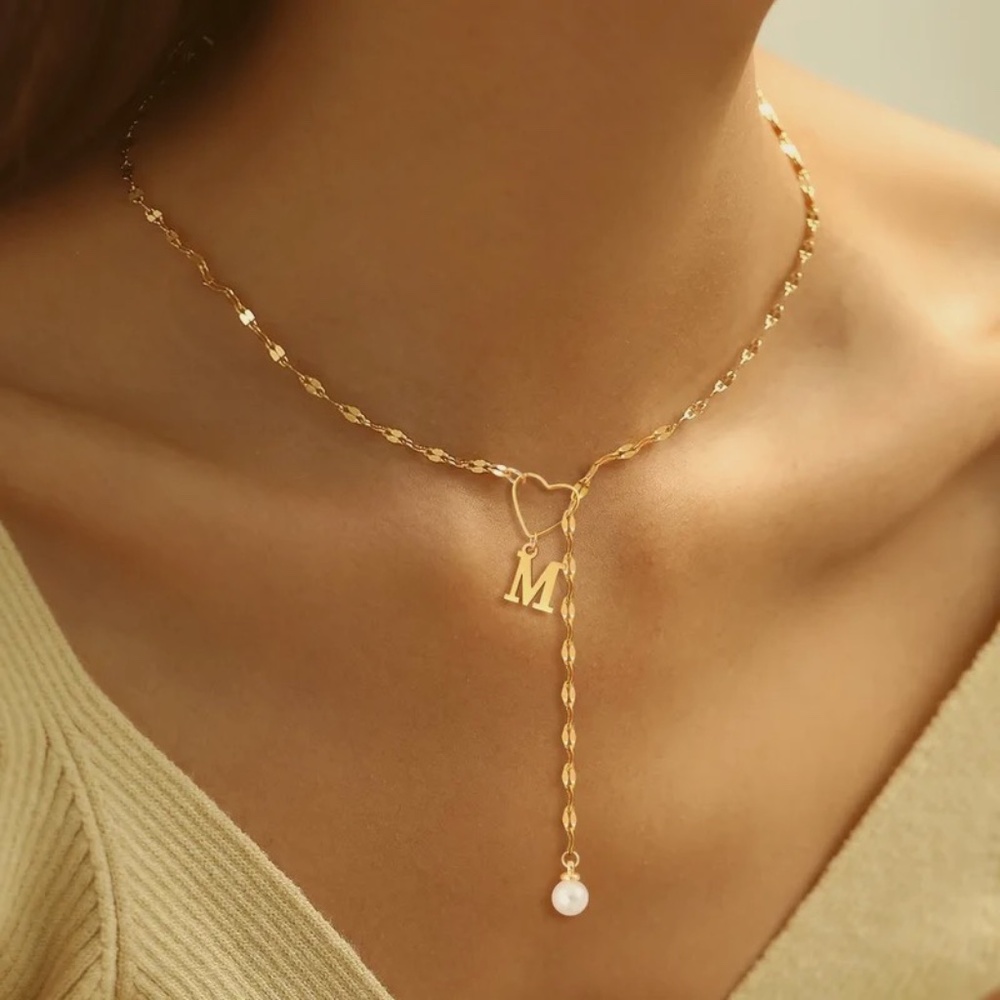 14KT Gold Plated Initial Pearl Necklace, Lariat Heart Pendant